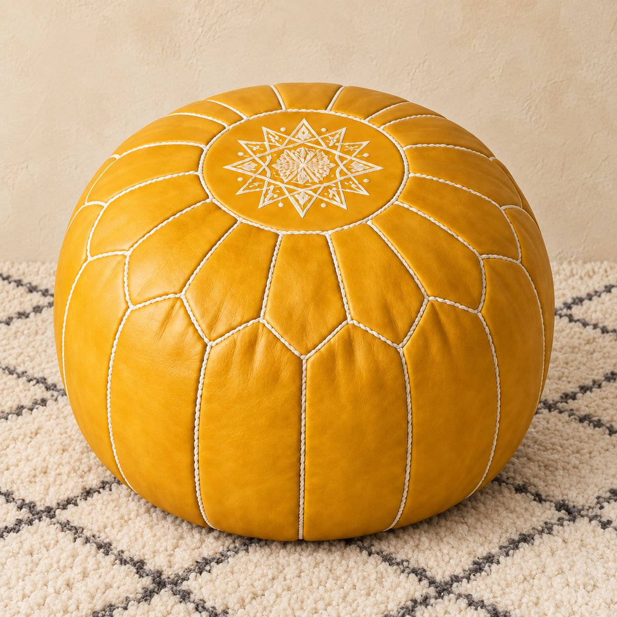Majorelle Colour Leather Pouf in Yellow, main view