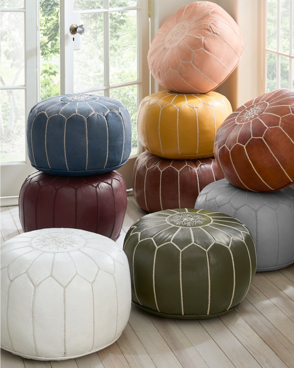 Shared view — a selection of Moroccan pouf colours styled together; example colours and filled styling