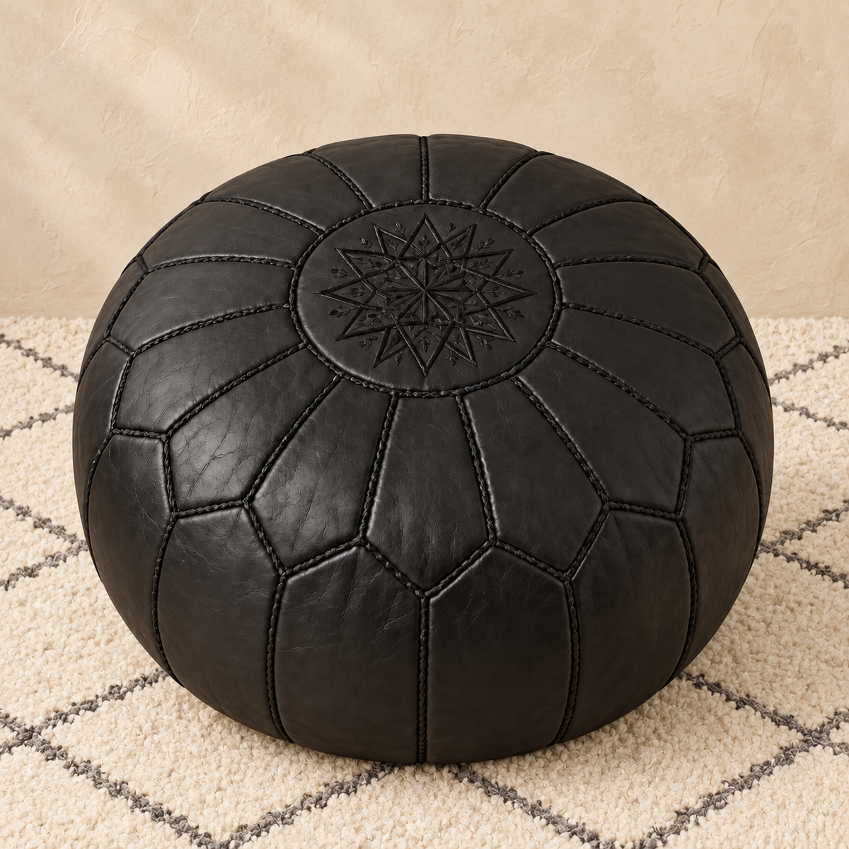 Riad Prestige Leather Pouf in Black, main view