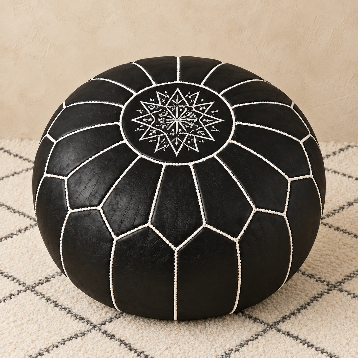 Riad Prestige Leather Pouf in Black with White, main view