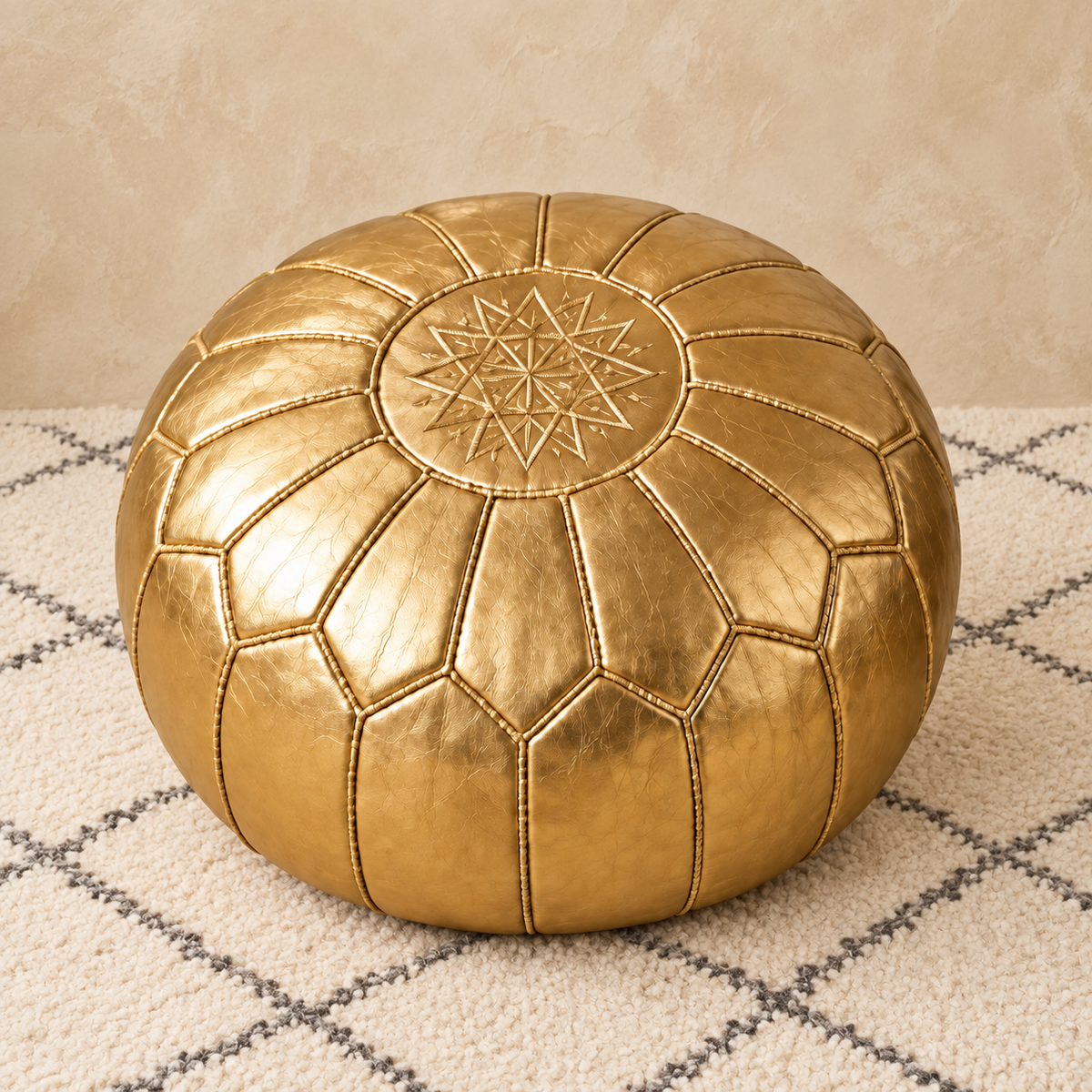 Riad Prestige Leather Pouf in Gold, main view