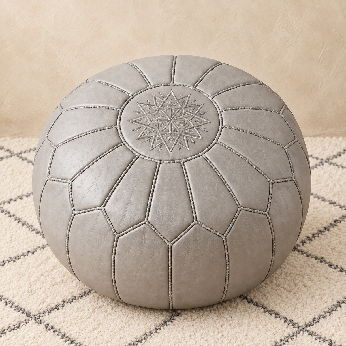 Riad Prestige Leather Pouf in Light Gray, main view