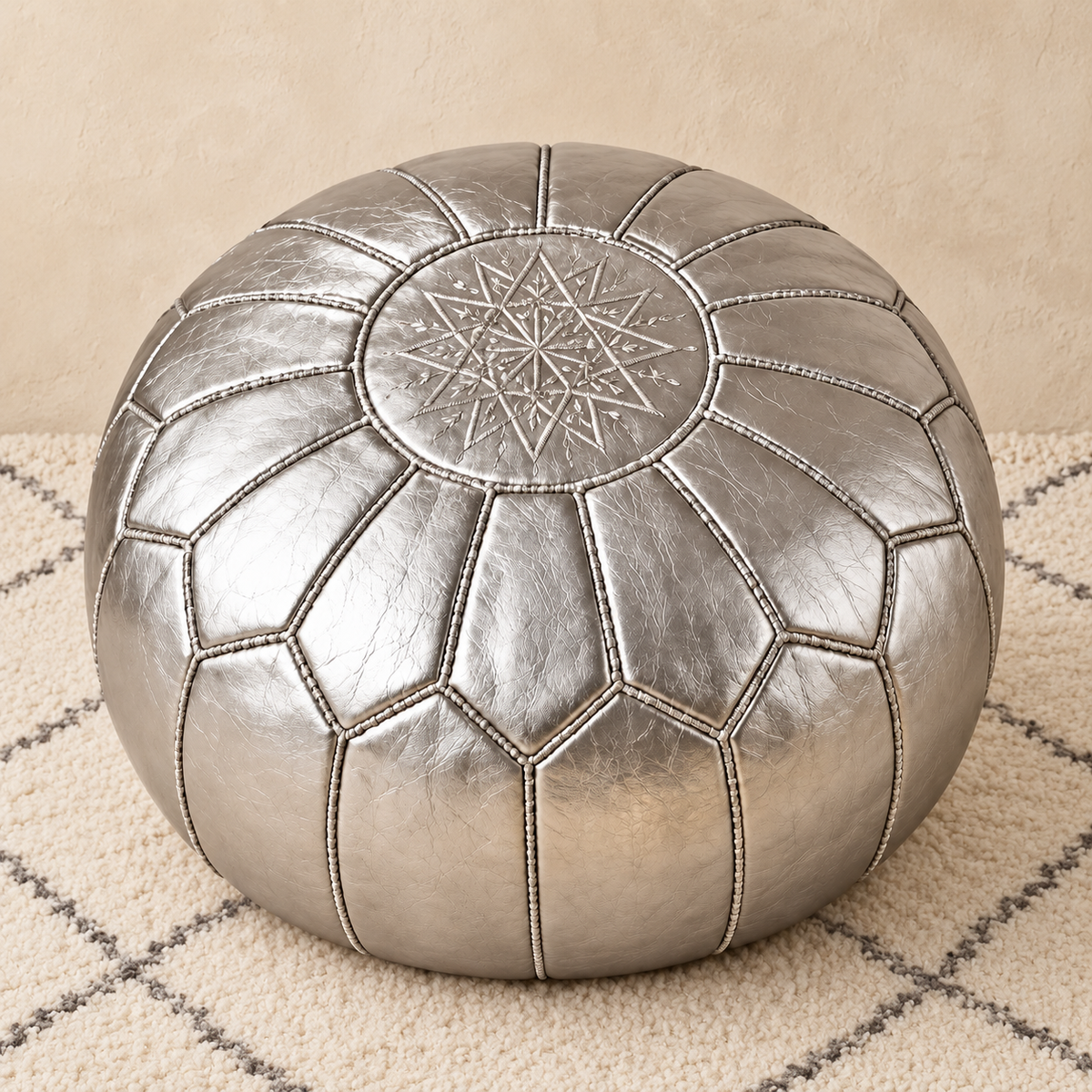 Riad Prestige Leather Pouf in Silver, main view