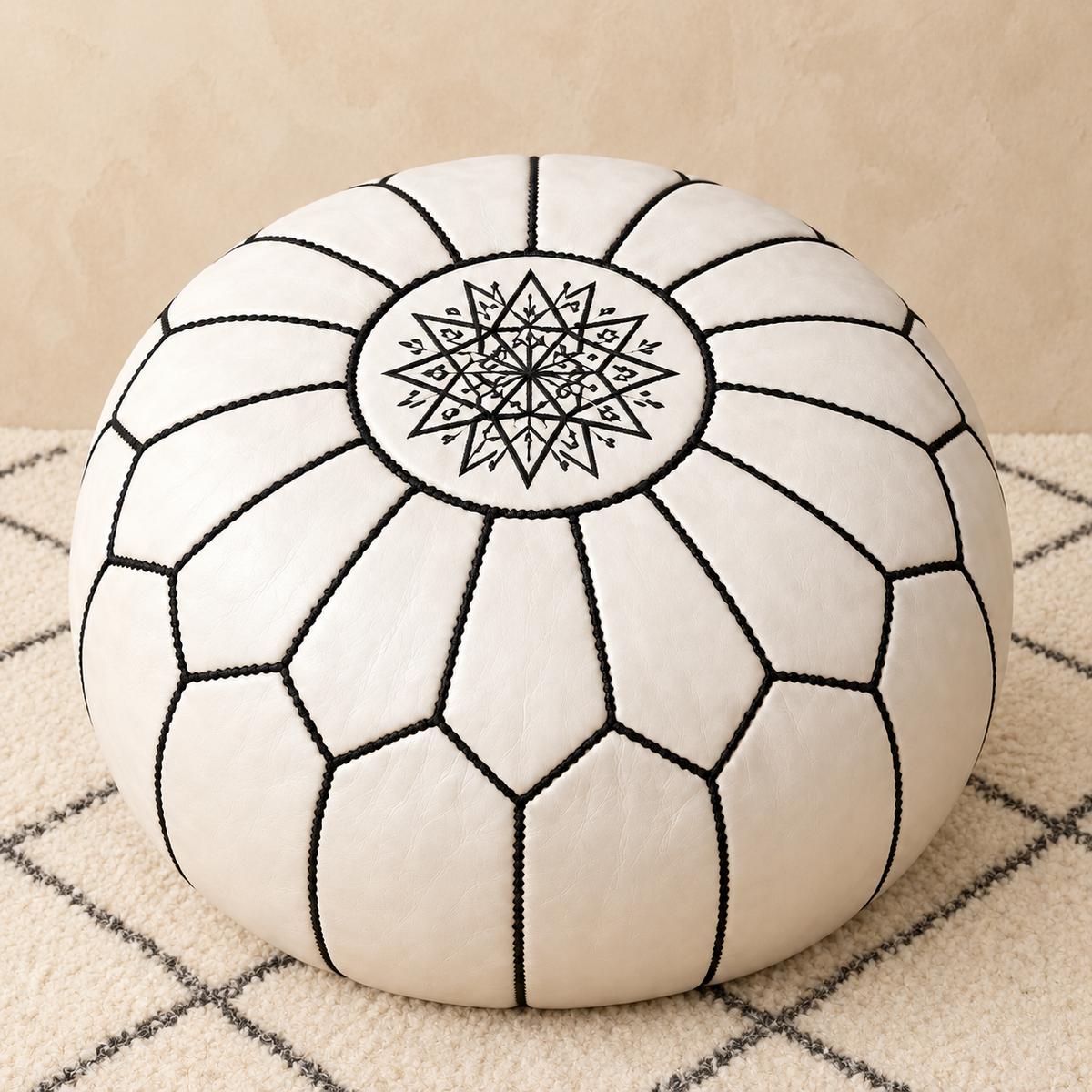 Riad Prestige Leather Pouf in White with Black, main view