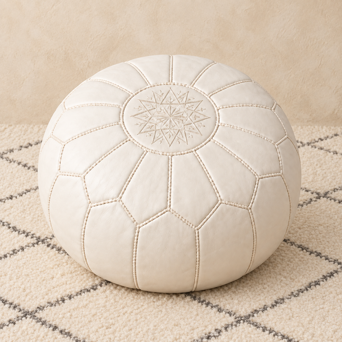 Riad Prestige Leather Pouf in White, main view